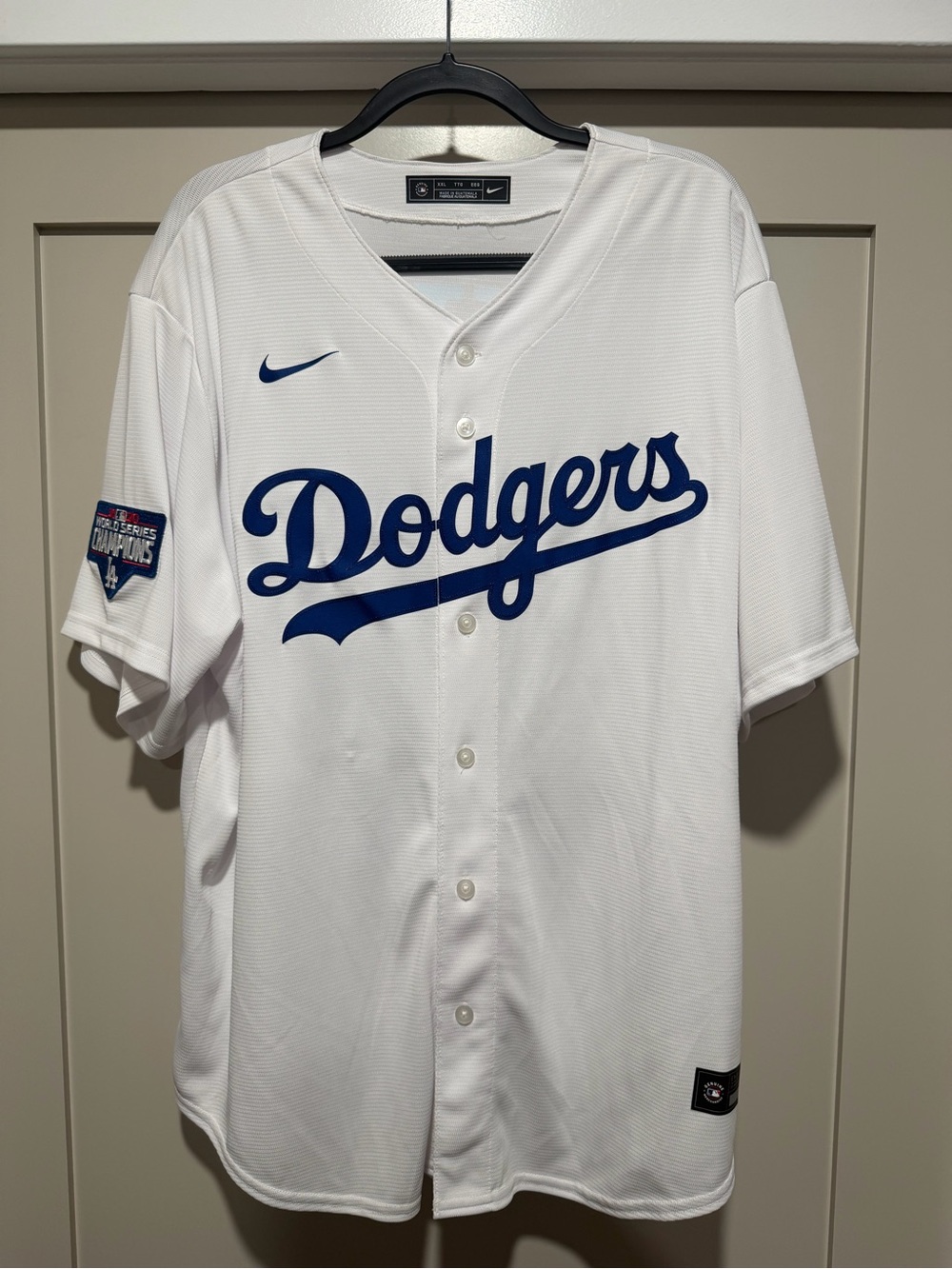 Nike White Los Angeles Dodgers Home Jersey with Blue Script #50 Mookie Betts
